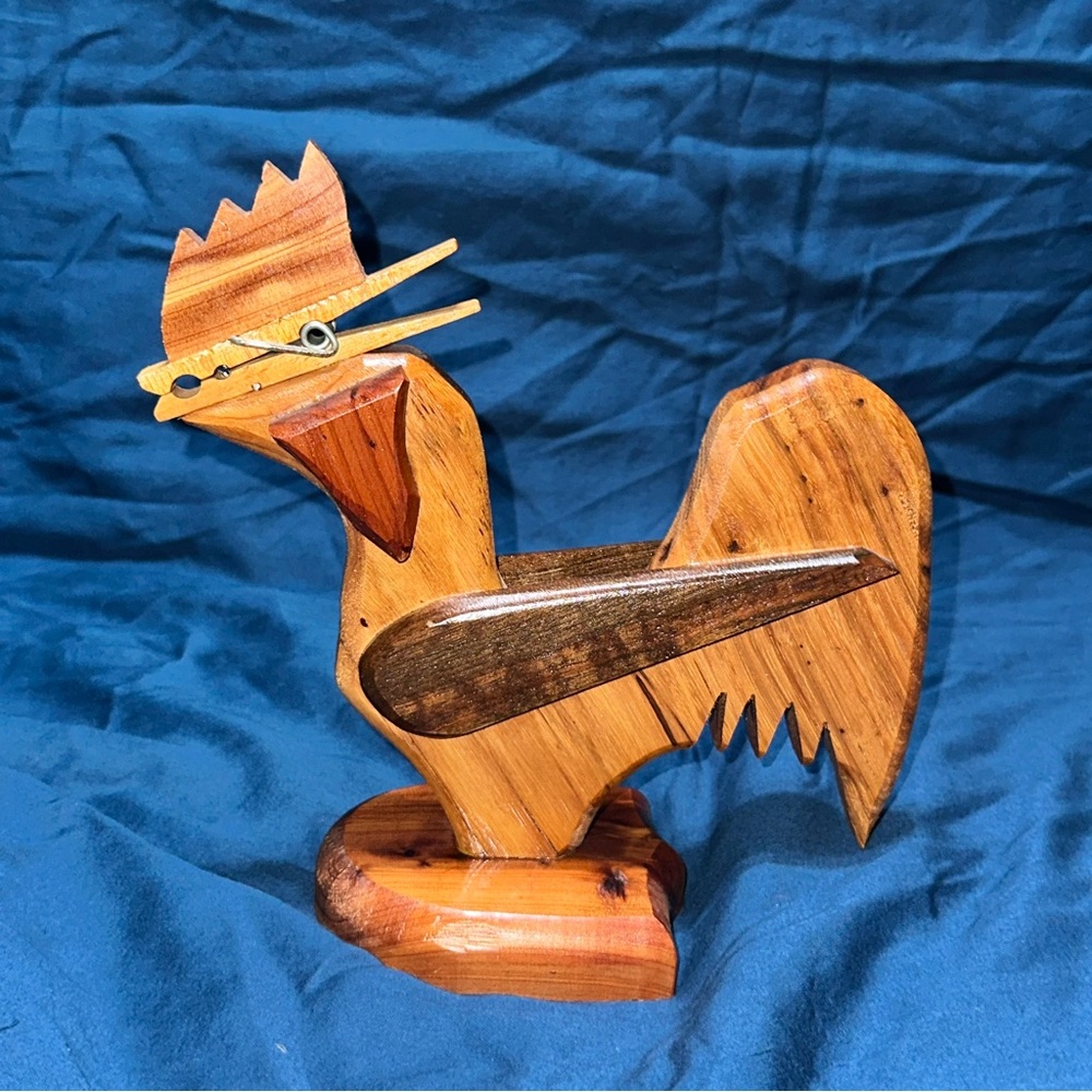 Vintage Wooden Rooster Hand carved Figurine Clothes Pin Beak Varied Tones Decor